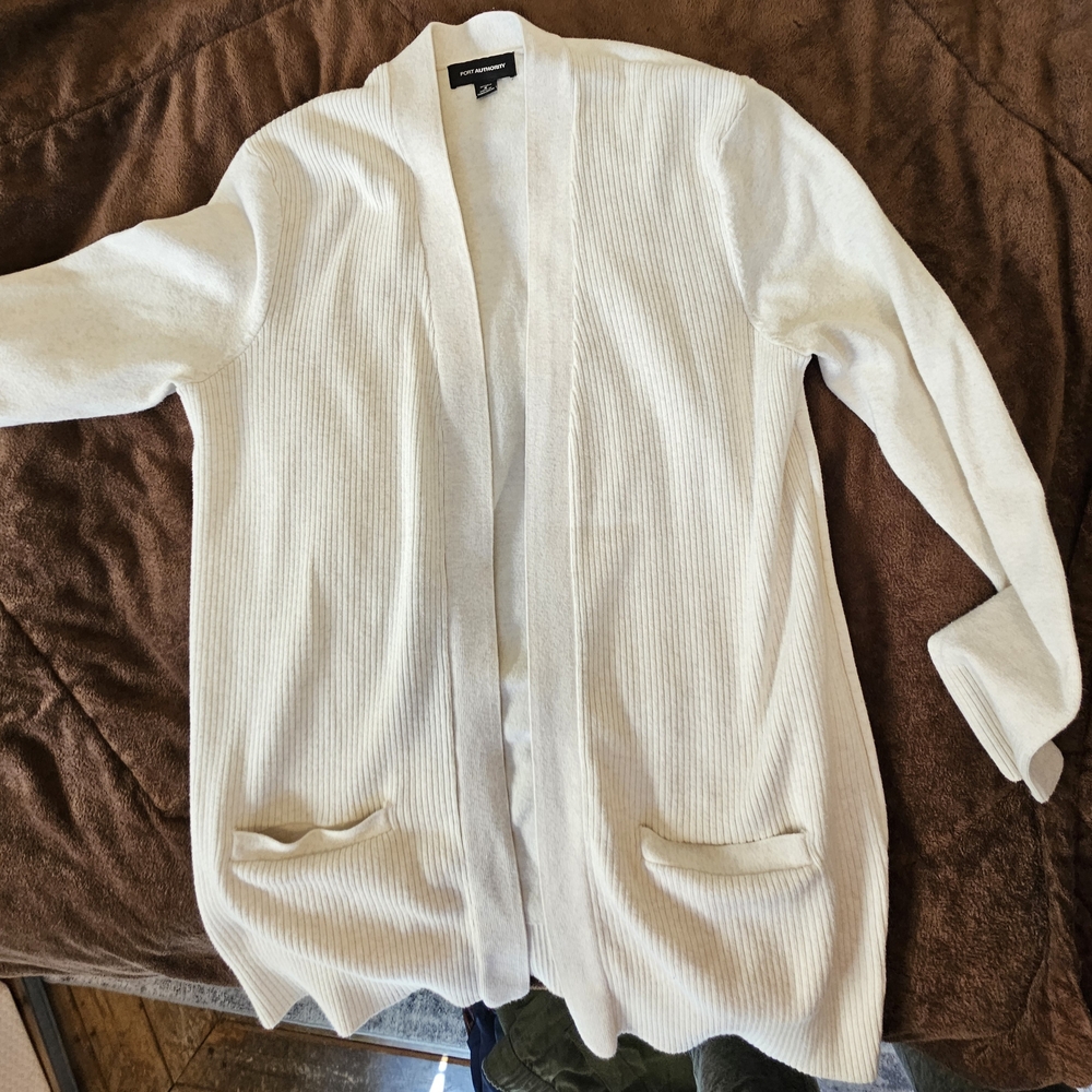 Port Authority Oatmean Heathed Open Cardigan Sweater Cozy Knit WITH POCKETS!